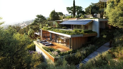 A modern eco-home built into the hillside, featuring green roofs, solar panels, and a self-sustaining garden