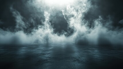 Fototapeta premium Mysterious fog over empty dark floor in spooky atmosphere