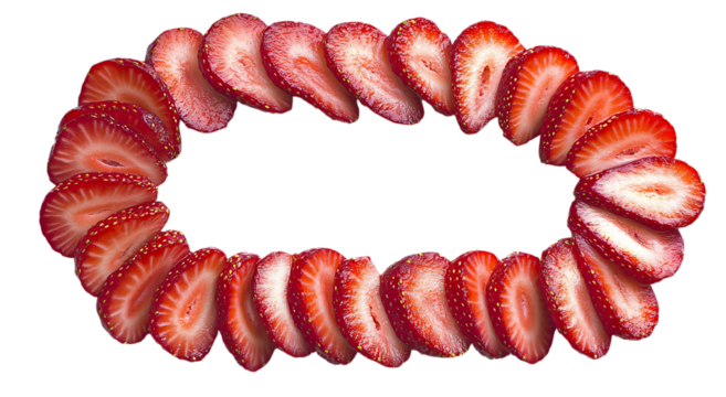 Sliced strawberries arranged in oval shape on trasparent background
