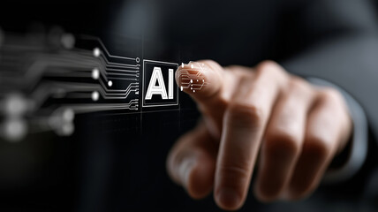Businessman engages with a hologram representing AI technology
