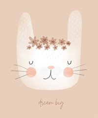 Cute White Rabbit In A Floral Wreath. White Bunny Head. Dream Big. Vector Illustration Of Sweet Dreamy Baby Rabbit on a Beige Background. Lovely Nursery Art With Bunny Toy. 