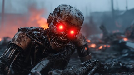 A rusted robot crawls through a smoky landscape filled with debris and remnants of destruction, its menacing red eyes revealing a haunting yet captivating presence.