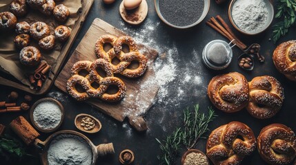 Pretzels with sugar, seeds & cinnamon. Homemade cakes.