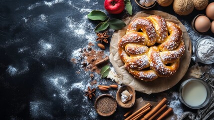 Fresh pretzels & cakes. Selective focus, top view.