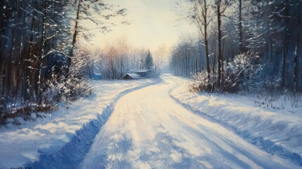 A serene winter landscape with a winding snow-covered path and trees illuminated by sunlight.