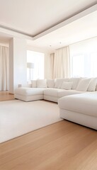 Fototapeta premium Bright, minimalist living room with large white sectional sofa, light wood floors, and sheer curtains
