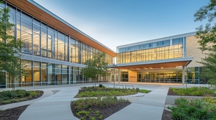 Fototapeta premium modern school building with large glass windows, a spacious courtyard, and a welcoming entrance.