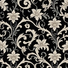 Baroque Floral Pattern, Elegant Black and Beige Design