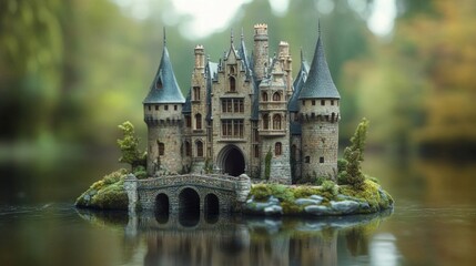 Miniature Stone Castle on a Pond Island
