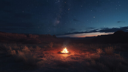A campsite with a fire pit in the middle of a starlit desert