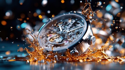 This exquisite watch displays its intricate mechanics amidst a vibrant water splash, symbolizing luxury and precision in watchmaking with a dynamic visual effect.