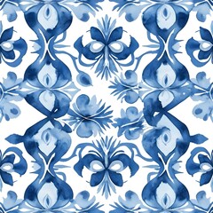 Blue and White Watercolor Floral Damask Pattern