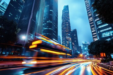 Busy city street at night with modern buildings and moving vehicles