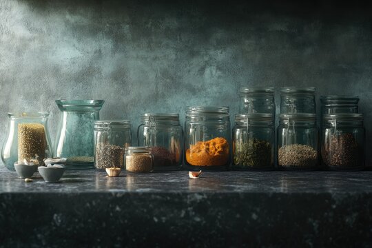 A collection of glass jars filled with various spices and grains, arranged on a dark countertop against a textured teal background. - Powered by Adobe