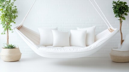 White hammock with pillows in a minimalist space