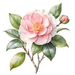 Pink Camellia Flower with Bud and Leaves