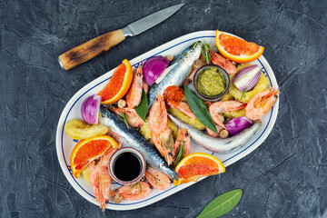Plate with marinated seafood.