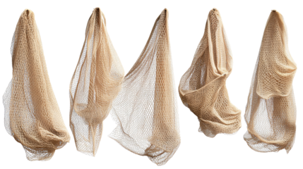 Five Beige Fishing Nets in Various Poses Isolated on White Background