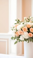 Obraz premium Elegant peach and white rose bouquet in a white vase, displayed indoors against a soft beige wall