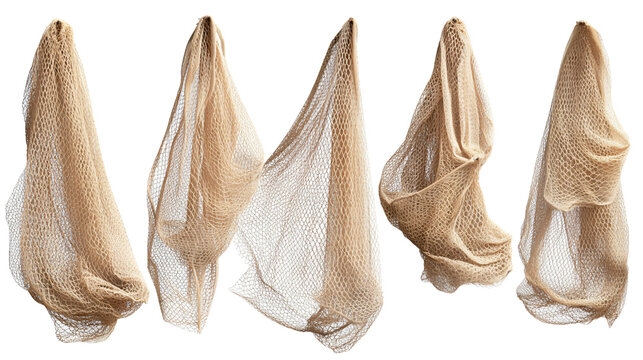 Five Beige Fishing Nets in Various Poses Isolated on White Background - Powered by Adobe