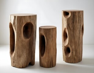 Three Carved Wooden Tree Trunk Stools