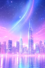 Fototapeta premium Futuristic cityscape at sunset, glowing neon lights, comet streaks across a vibrant sky reflecting on calm water