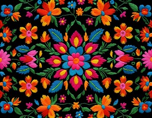 Vibrant Floral Embroidery on Black Fabric
