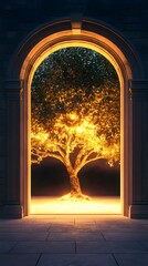 Fototapeta premium A vault opens to unveil a magical glowing tree, representing the intertwining of wealth and growth in a captivating visual.