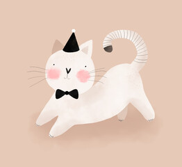 Cute Simple Vector Illustration with Little White Cat on a Light Coral Brown Background. Simple Nursery Art for Kids. Print with Funny Kitty ideal for Wall Art, Card, Poster, Kids Room Decoration.