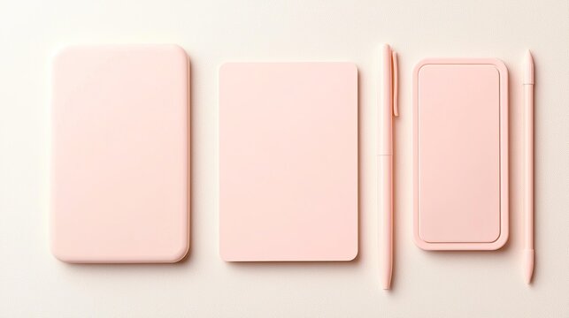 Pastel Pink Branding Mockup: Phone Case, Notebook, and Pen on Light Background