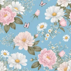 Seamless Pastel Floral Pattern with Peonies, Daisies, and Butterflies