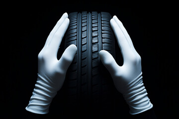 White-gloved hands gently holding a black rubber car tire against a black background.