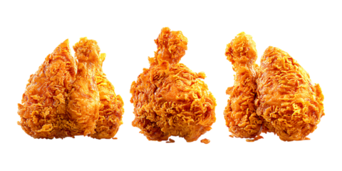 A selection of five crispy fried chicken drumsticks are arranged loosely together isolated on a clean transparent background for menus.