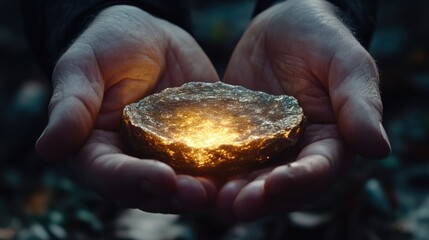 Hands holding luminous rock
