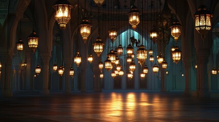 Fototapeta premium A mosque interior illuminated by rows of hanging lanterns, creating a warm, spiritual ambiance.