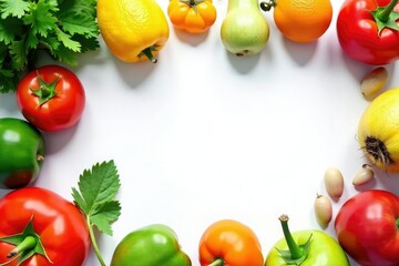 Variety of organic fruits & vegetables on white, clean, supermarket