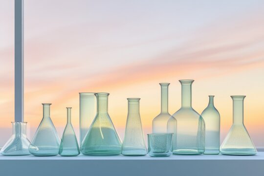 Various sizes of empty glass beakers and flasks are arranged on a windowsill against a sunset backdrop.