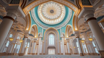 Fototapeta premium A mosque interior with a high ceiling, intricate ceiling domes, and elegant Arabic inscriptions.