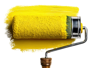 Bright Yellow Paint Roller with Stroke on White Background