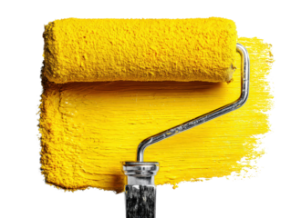 Bright Yellow Paint Roller on Fresh Paint Stroke on Canvas