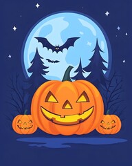 Jack-o'-lanterns glow under a full moon, bats fly overhead, silhouetted trees in the background
