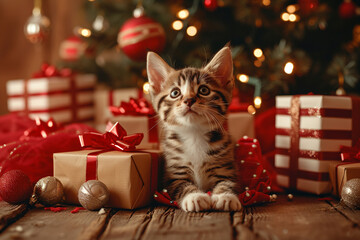 AI generative future creates adorable Christmas-themed images of cute cats and dog puppies with gift boxes on wooden floor  