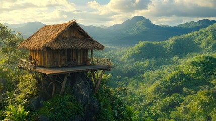 A rustic wooden house perched on a rocky outcrop amidst lush green mountains.