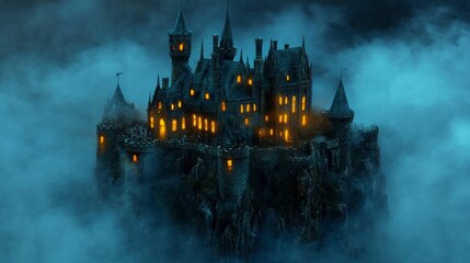 Dark Gothic Castle on Foggy Hilltop at Night
