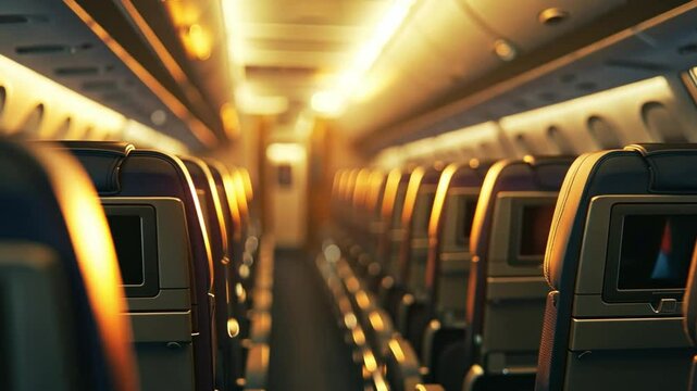 This cabin interior displays comfortable seating arranged in a spacious layout with warm lighting.