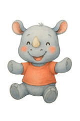 Cute watercolor illustration of kid rhino doll, joyful expression.