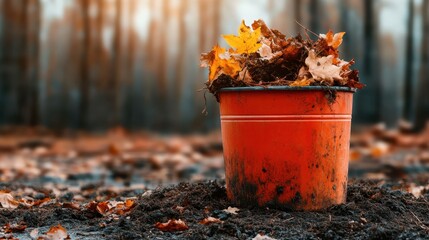 A vivid orange bucket filled with seasonal leaves, set in an autumn forest, symbolizing the changes in nature and the beauty of the fall landscape.