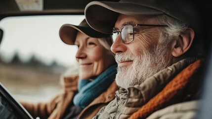 Close shot: elderly couple in truck.