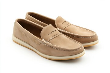 Pair of beige suede loafers classic penny style comfortable casual footwear soft texture minimal