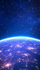 Night Earth view from space showing city lights and a glowing atmospheric rim against a star-filled backdrop